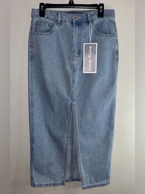 Indigo Rising Front Slit Denim Jean Midi Skirt Light Wash Sz M NWT